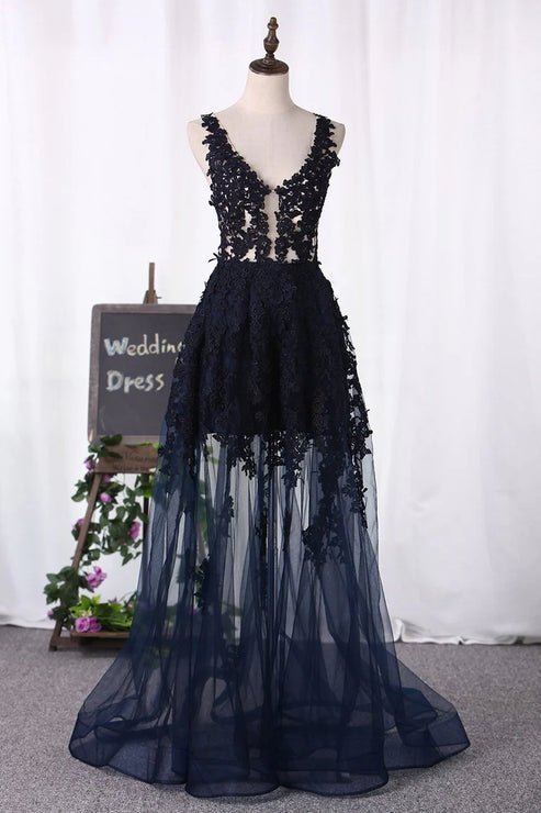 Luolandi V Neck Party Dresses A Line Tulle With Applique Sexy Evening Dress